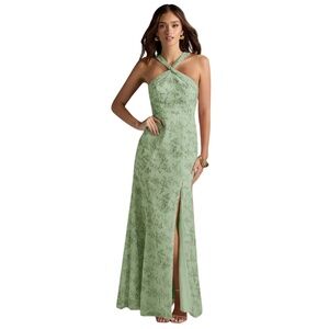 Green Fern Floral A-Line Halter Chiffon Dress